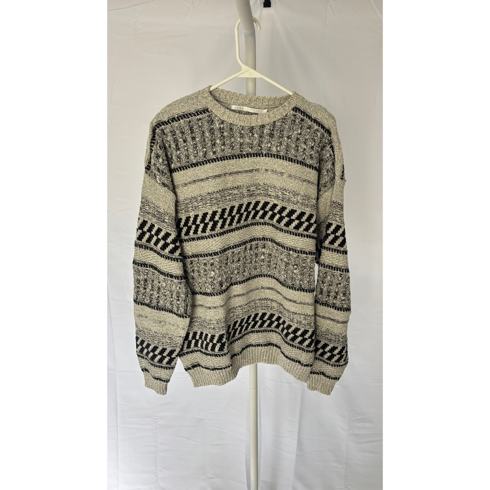 Perry Ellis Mens Large Crewneck Sweater Gray Black Pattern‎ Knit Cotton Blend